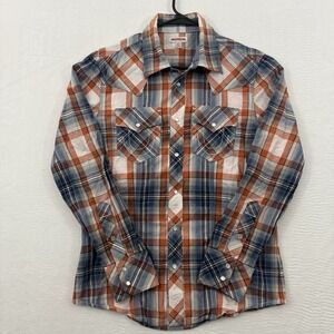 True Religion Shirt Men's Medium Red Blue Plaid Pearl Snap Western Cowboy